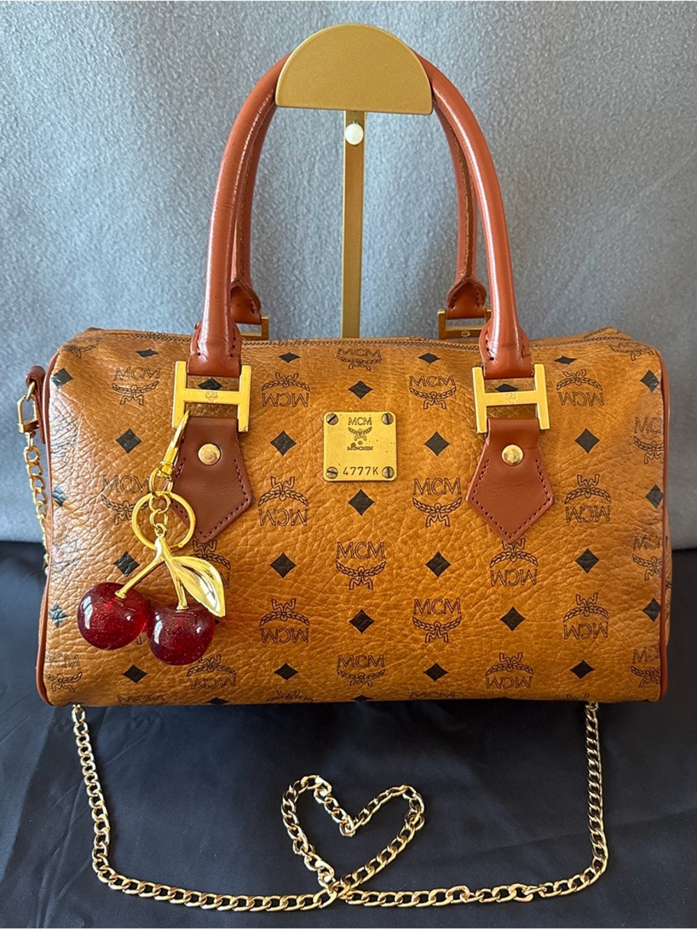 MCM Cognac Visetos Satchel with Cherry Charm and Gold Hardware